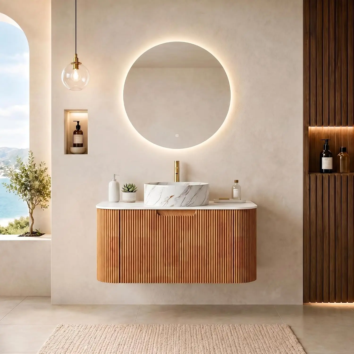 30” Floating Bathroom Vanity with Sink, Fluted Wall-Mounted Solid Wood Cabinet, Marble-Pattern Ceramic Round Basin,, Customized