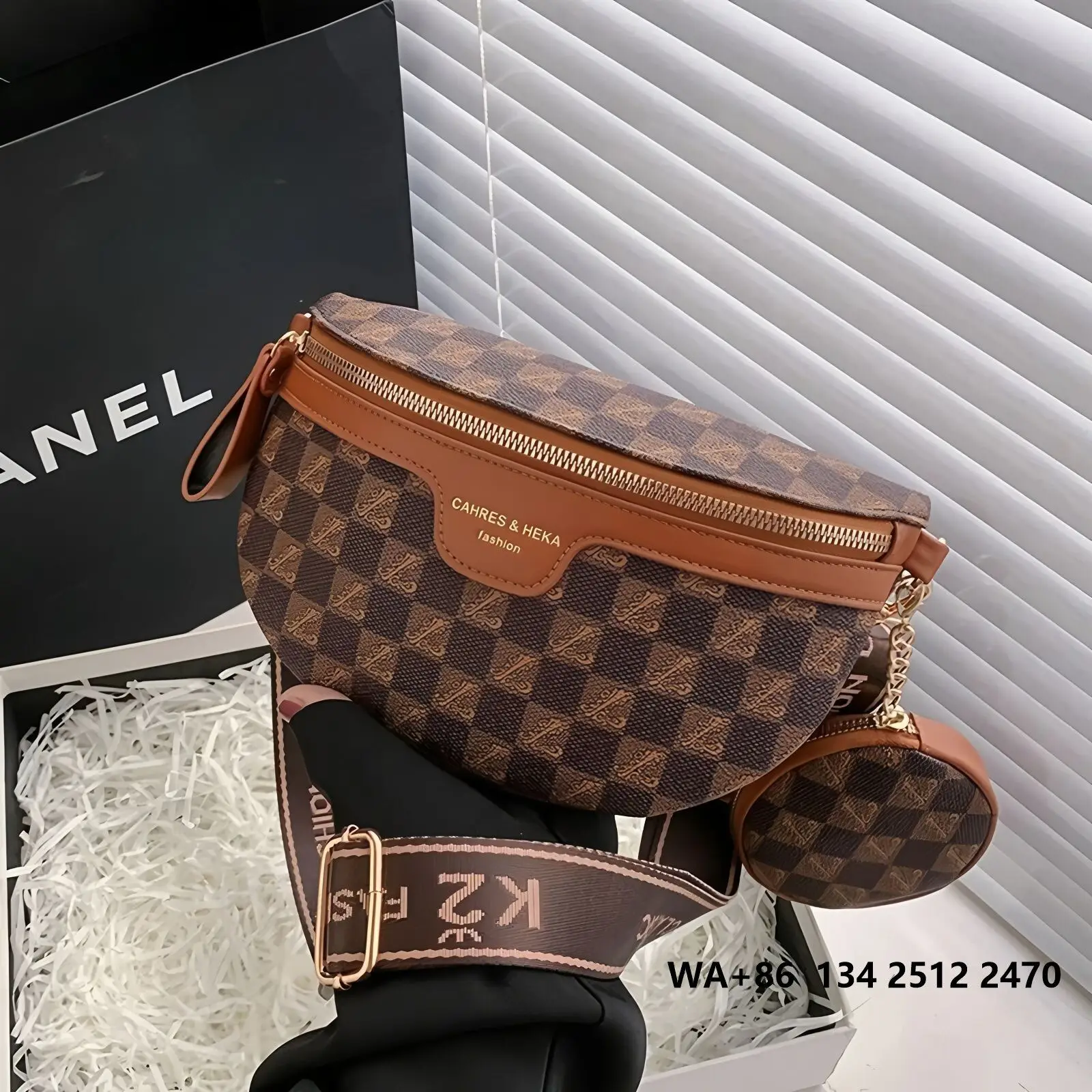 Vintage Checkered Sling Waist Bag, Brown Leather Trim Zipper Closure, Wide Printed Adjustable Strap, Attached Mini Round Coin Purse Gold Hardware Women's Crossbody Fanny Pack.