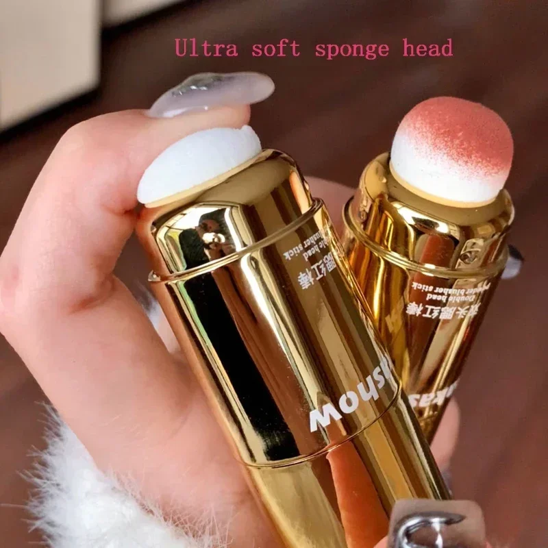 Esponja de Blush Stick Double-Ended, Clareamento Facial Suave, Creme Blush de Baixa Saturação, Pêssego Pink Cheek Tint, Cosméticos de Maquiagem Coreanos
