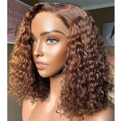 #4 Deep Wave Bob Wig Transparent Lace Front Human Hair Wig Chocolate Brown Wigs Human Hair Curly 13x4 Short Bob Wig 200% Density