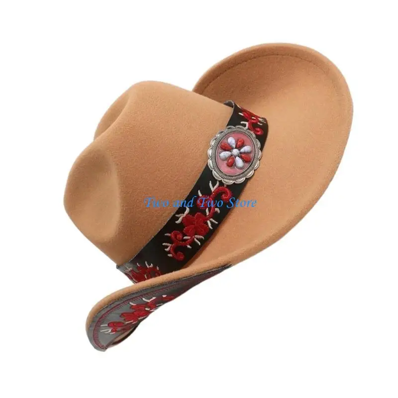 

HX6F Wool Cowboy Hat Adult Costume Bowler Hat Party Headwear Halloween Dress Up Panama Hat Embroidery Flower Travel Sun Hat