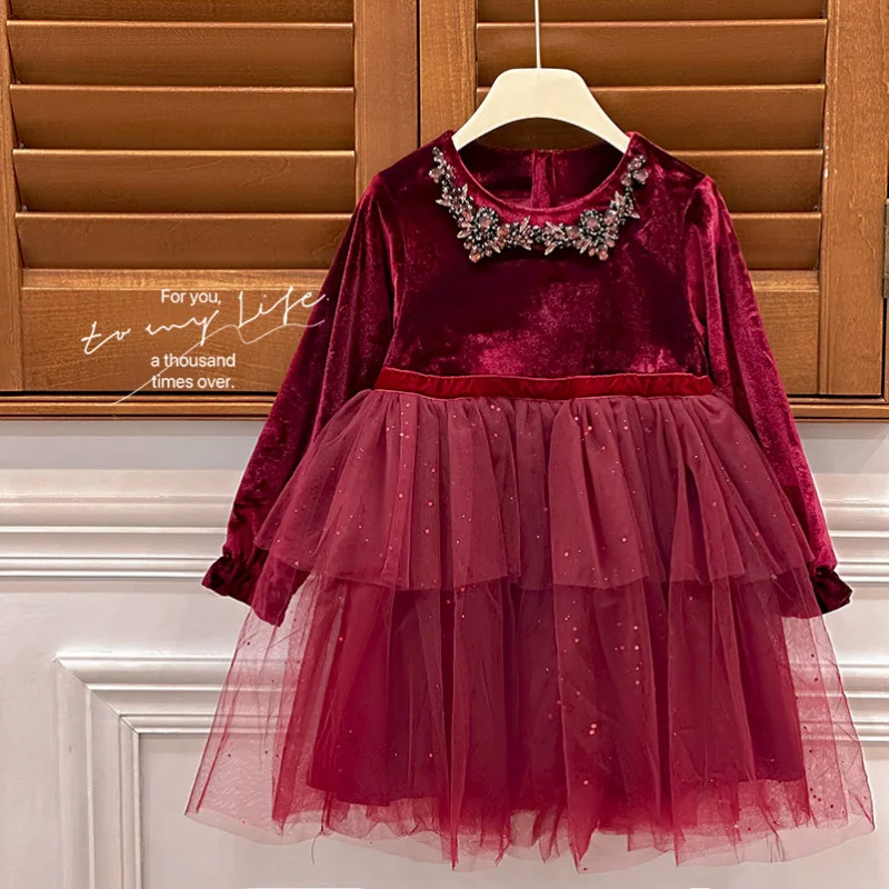 New High-end Sequin Princess Diamond Collar Velvet Birthday Dress 2026 Girls Spring and Autumn