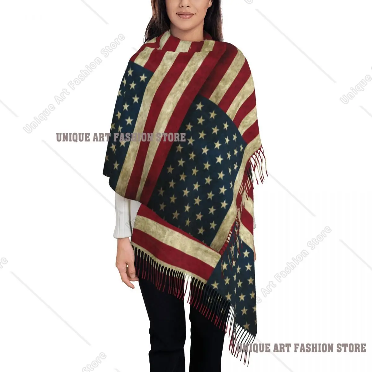 Vintage American Flag Tassel Scarf Women Soft USA Proud Shawl Wrap Ladies Winter Scarves