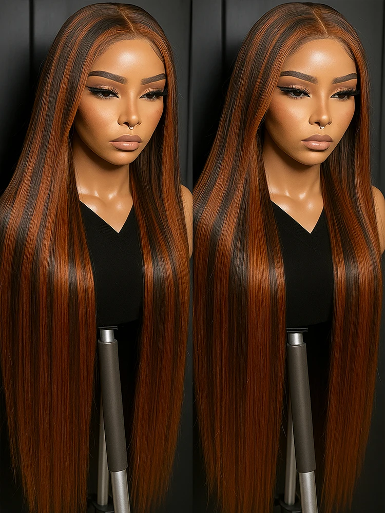 Peluca sin pegamento 5x5, peluca con malla frontal recta de hueso de cabello humano, 30 pulgadas, resaltado ombré, jengibre, naranja con pelucas de color marrón para mujer