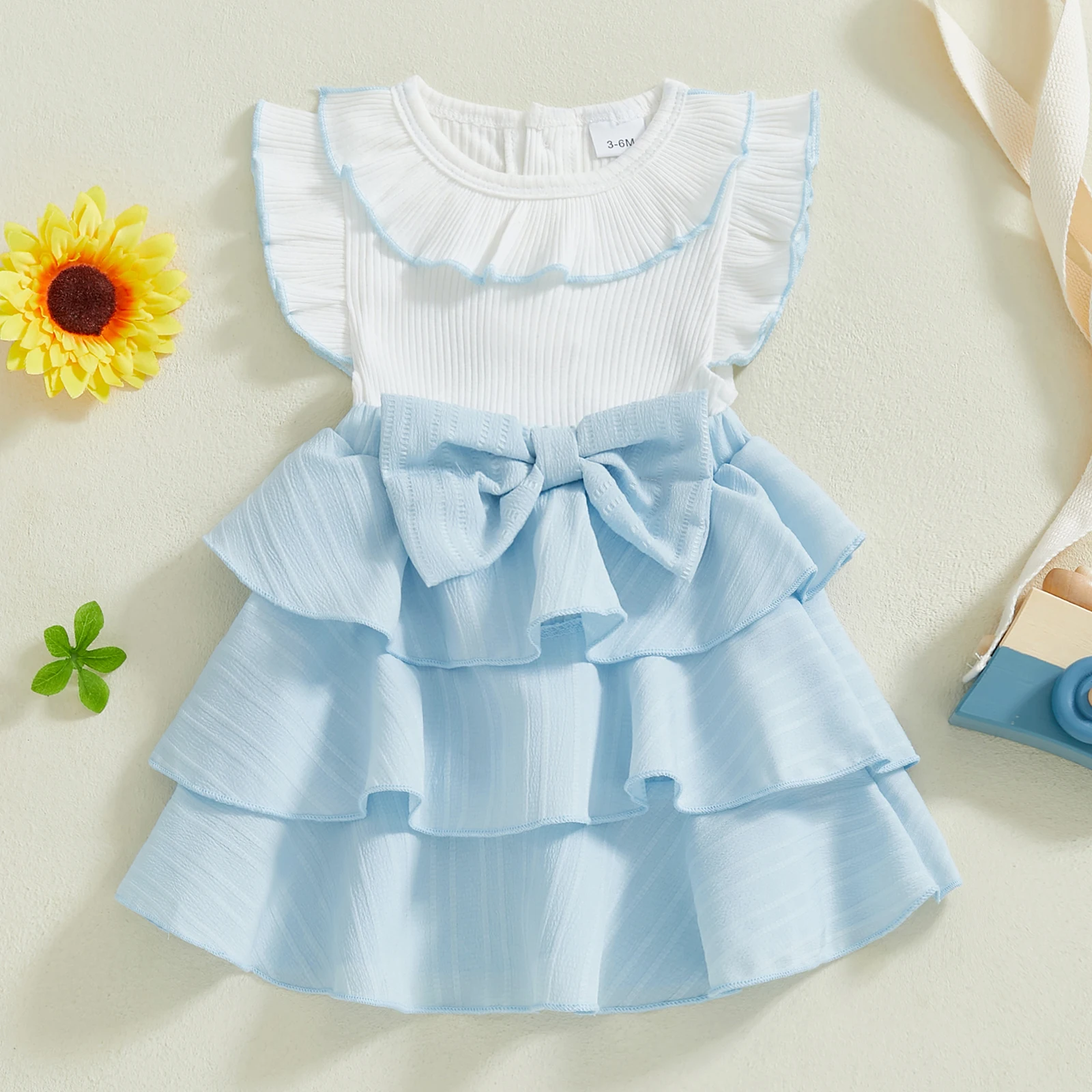 1-4Y Baby Girl Summer Sweety Princess Dress Casual Short Sleeve Doll Collar Bow Front Dress Toddler Kids Patchwork Cake Dress