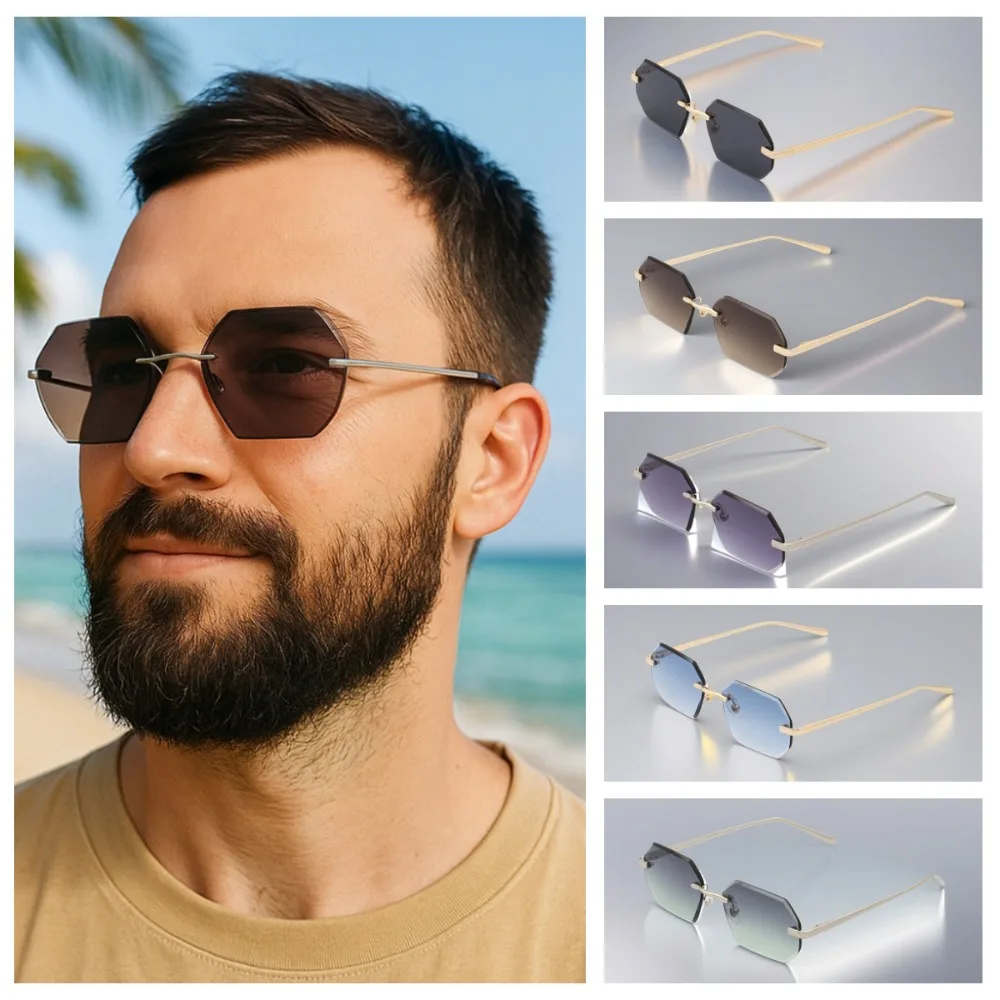 شخصية متعدد الألوان نظارات شمسية العناية بالرؤية خمر بدون إطار النظارات الشمسية أزياء خفيفة الوزن الرجال UV400 نظارات التصوير الفوتوغرافي
