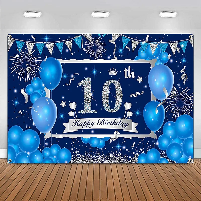 

Happy 10th Birthday Decorations Banner for Boys Girls Blue Silver Photography Backdrop Photo Background Anniversary Party