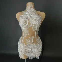 Luxury Pearls Lace White Sexy Backless Halter Mini Sheath Dress Evening Party Performance Costume Nightclub Singer Dancer Stage
