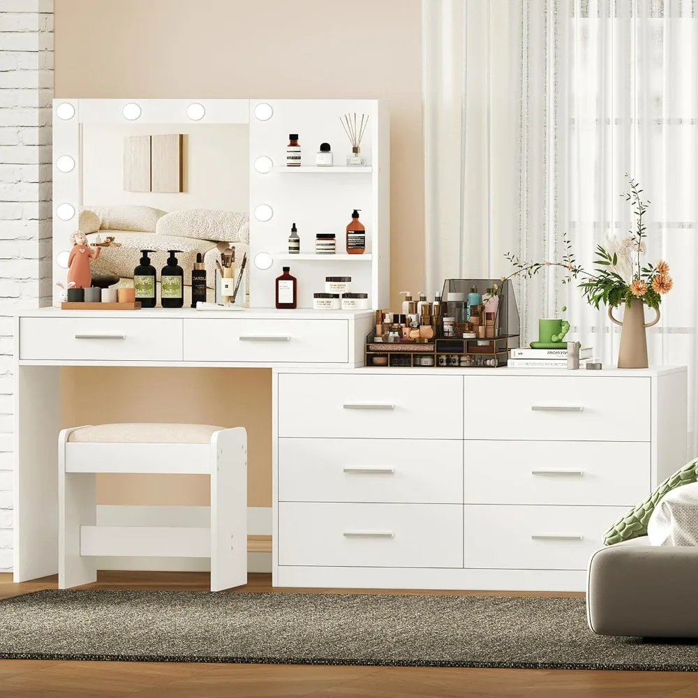مجموعة مكياج كبيرة الحجم مع مرآة مضاءة بثلاثة ألوان، وطاولة ذات 8 أدراج ورف تخزين جانبي، وطاولة زينة كبيرة قابلة للتعديل #4