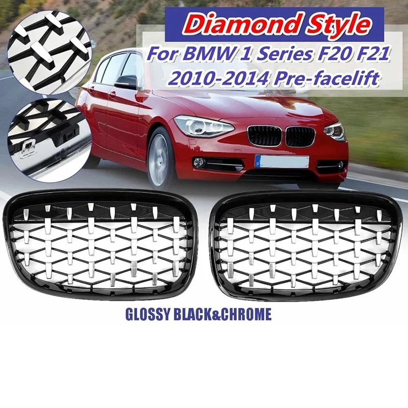 

Pair Front Kidney Diamond Meteor Style Grille Grills For -BMW 1 Series F20 F21 2010-2014 Racing Grills Chrome+Black