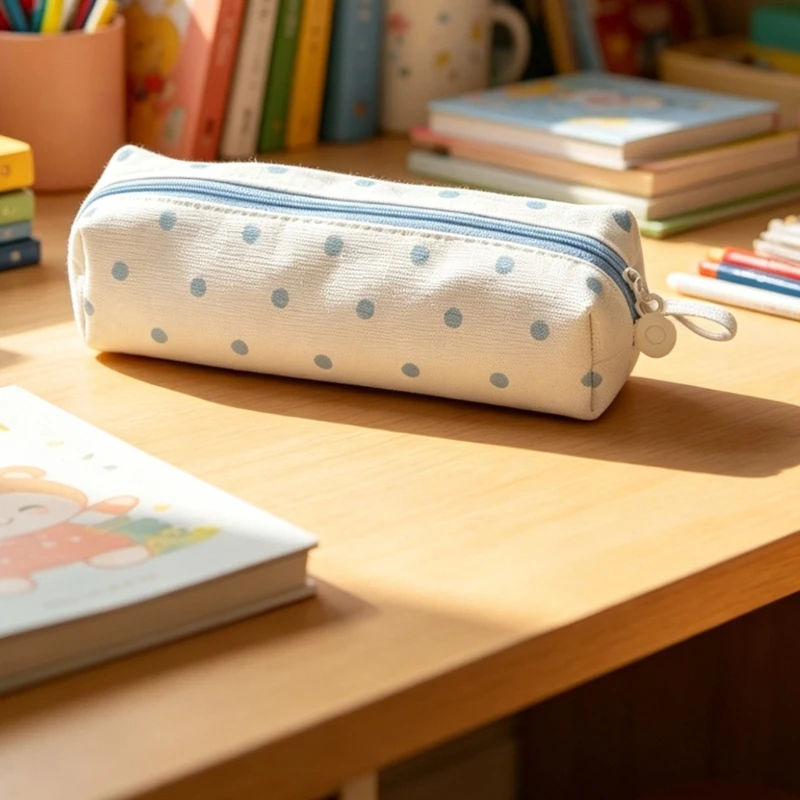 Dotted Corduroy Pencil Case Compact Pen Organiser Storage Bag for Class Study, Office Work, and Meeting Notes 