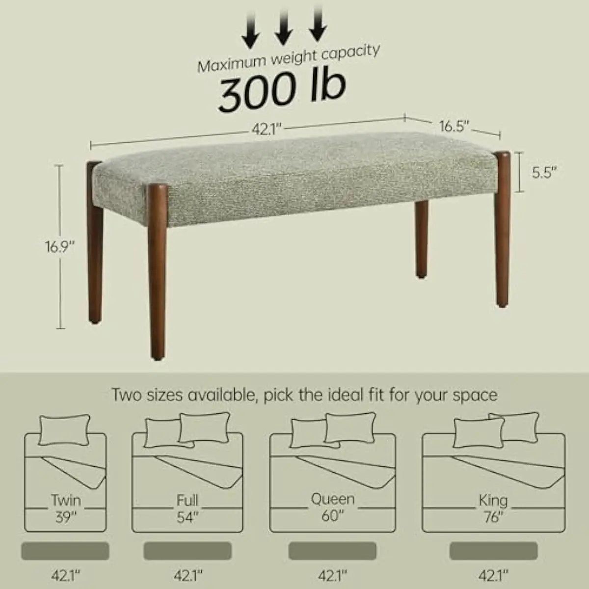 42 Inch Modern Upholstered Bench with Solid Rubberwood Legs in Emerald Green Finish and Natural Walnut Accents Perfect for Bedro