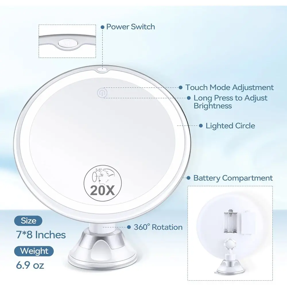 مرآة مكبرة مضيئة 20 مرة، مرآة زينة 8 أكواب شفط مع ملاقط، 360 درجة ° مرآة مكياج قابلة للدوران، 3 ألوان #5