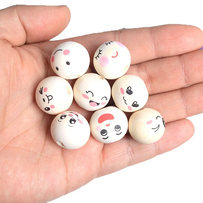 50PCS 20mm Smile Face Wood Beads, Multi Lovely Emoji Round Wooden Beads,Handmade Keychain Lanyard Bag Pendant Craft Accessories