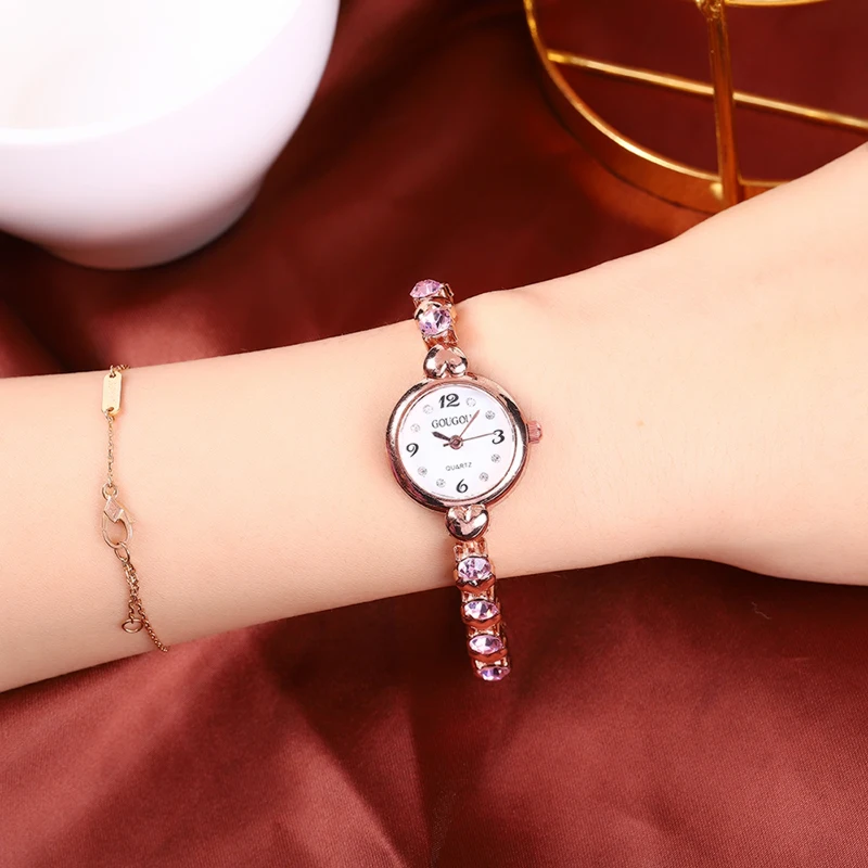 Cross border hot selling fine steel strip alloy bracelet watch glass colored diamond gold small dial inlaid with diamond digital