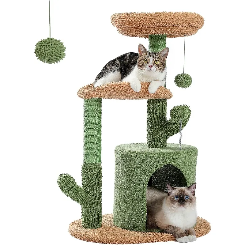 

PAWZ Road Cat Tree 32 Inches Cactus Cat Tower with Sisal Covered Scratching Post, Cozy Condo, Plush Perches and Fluffy Balls for