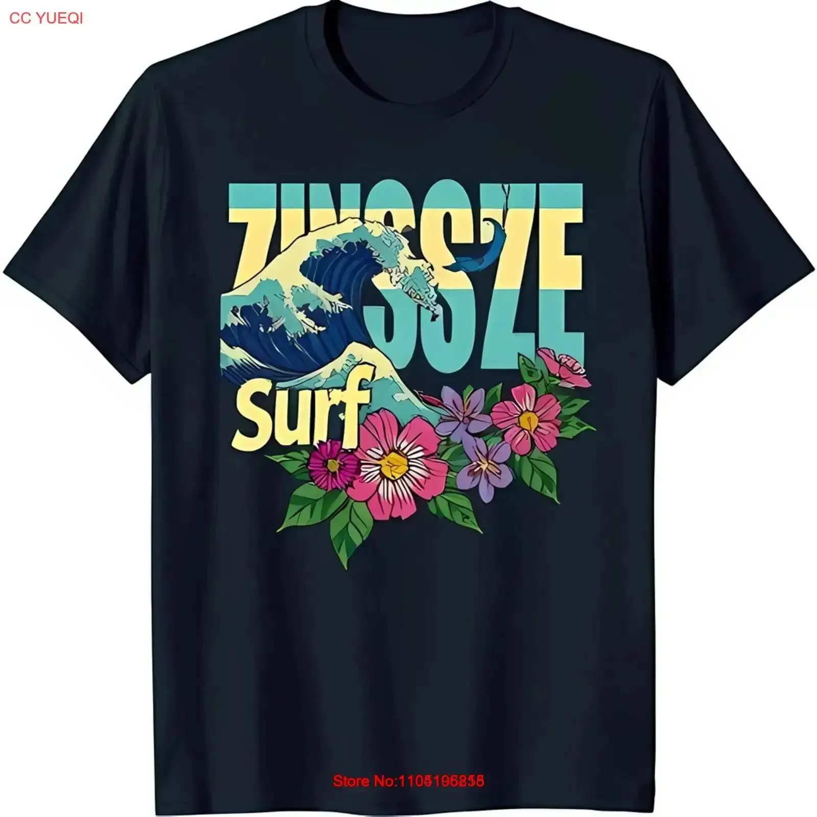تي شيرت ريترو أسود مع موجة ركوب الأمواج نابضة بالحياة تصميم الأزهار خمر مغسول قليلاً للجنسين متعدد الاستخدامات للارتداء اليومي #1