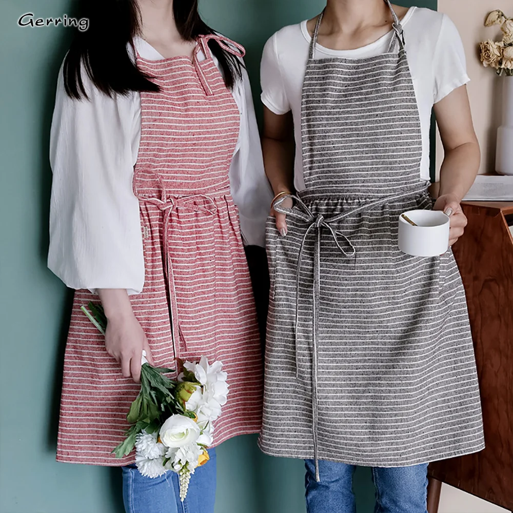 Gerring Apron Cooking Stripe Pleated Kitchen Apron Dress Linen Sleeveless Coveralls Chef Waiter Cafe Shop BBQ Tablier Delantal