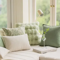 Fundas de almohada nórdicas, color crema, blanco y verde, textura minimalista decorativa, funda de almohada ligera de lujo, funda de almohada Jacquard para sala de estar