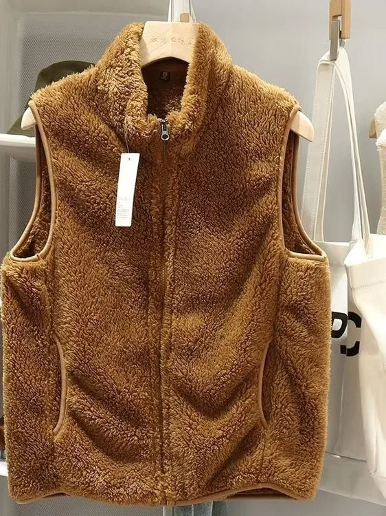 

Thiened Coral Fce Vest Men's Casual Collar Jaet Winter Warm Outerwear Zipper Decoration Stand Fit Youth Trend