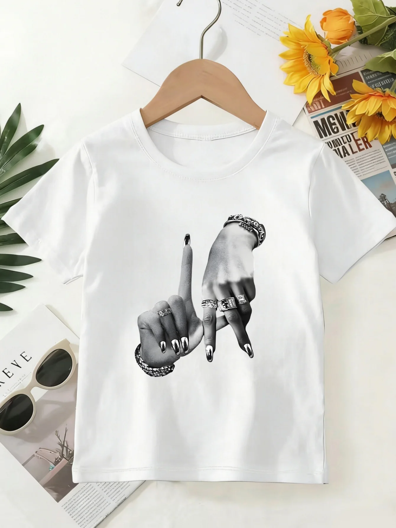 Boys Girls Family Matching Tee Trendy Jewelry Hands Gesture Pattern Print Short Sleeve Soft Cotton Kids Daily Outdoor Outfit