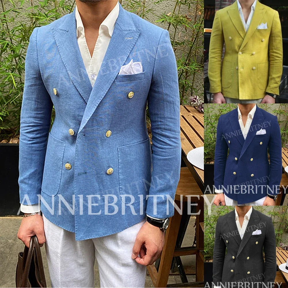 

Summer Beach Linen Blazer Hombre Glod Double-breasted Casual Men's Jacket Slim Fit Men's Social Coat Custom Made Veste Homme