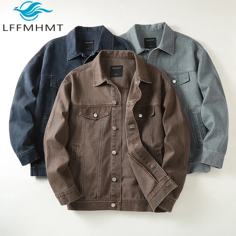 

Spring Fashion America Style Vintage Men's Denim Shirt Solid Color Long Sleeve Loose Casual Jeans Coats Teens Streetwear Tops