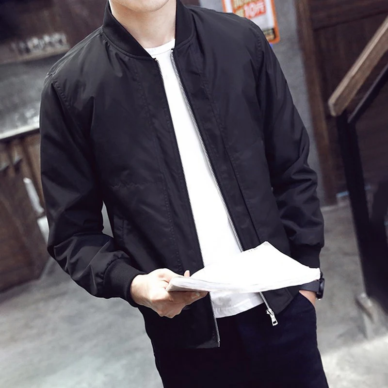 

Men's Casual Black Jacket Coat, Stand Collar, Slim Fit and Thin, Long Sleeve, Sizes M~2XL, Polyester Material, Zip Closure