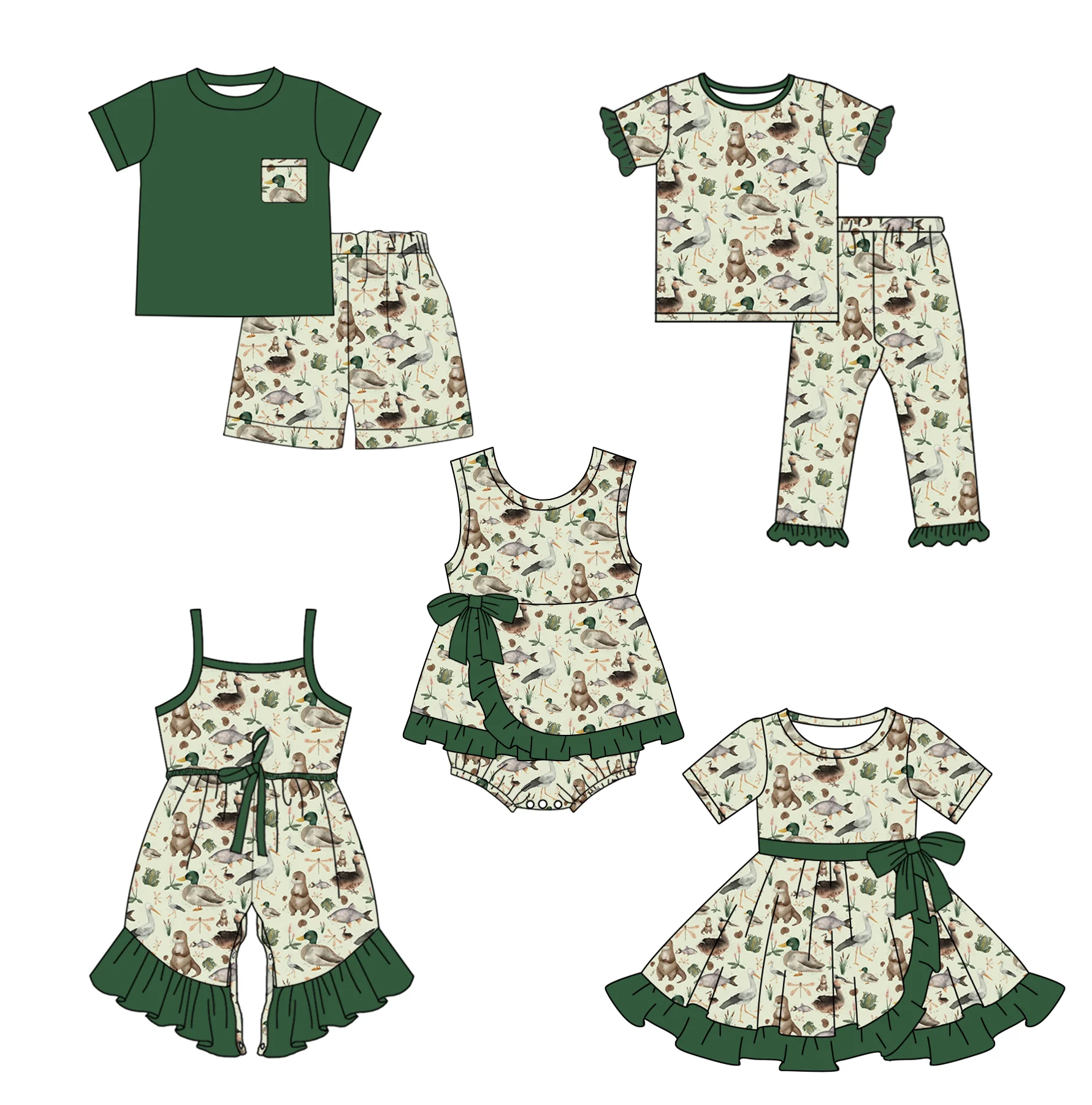 New boutique children's set short-sleeved duck print bow dress girl boy print shorts set baby romper pajama set