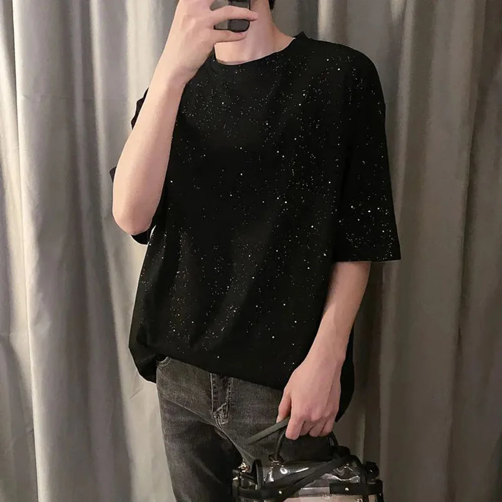 Summer New Casual T Shirt Korean Fashion Solid Nightclub Sequins Short Sleeves Tops Trendy Loose O Neck Streetwear Pullover Tees