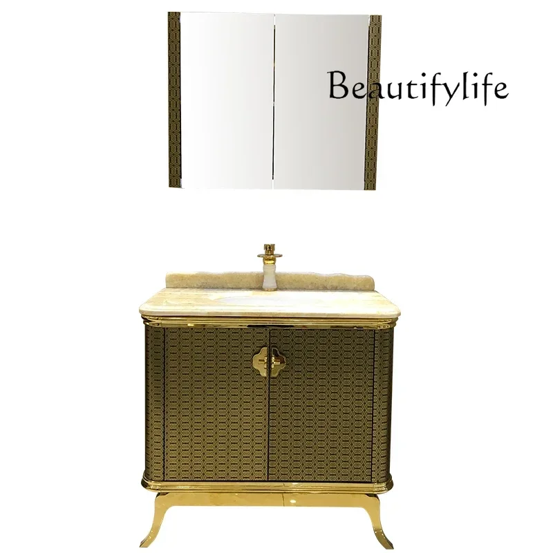 

FG52Combinazione di mobili da bagno neoclassici lavabo in acciaio inossidabile con specchio in marmo naturale completo