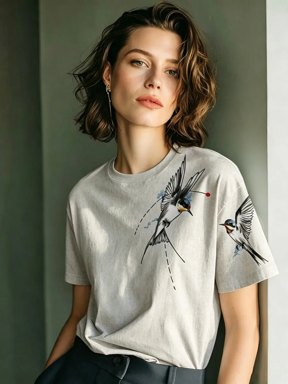 Flying Swallows Prints Baumwoll-T-Shirts für Damen, Sommer-Kurzarm-T-Shirts, O-Ausschnitt, weiche, übergroße Oberteile, einfache, bequeme Kleidung – Detail 13