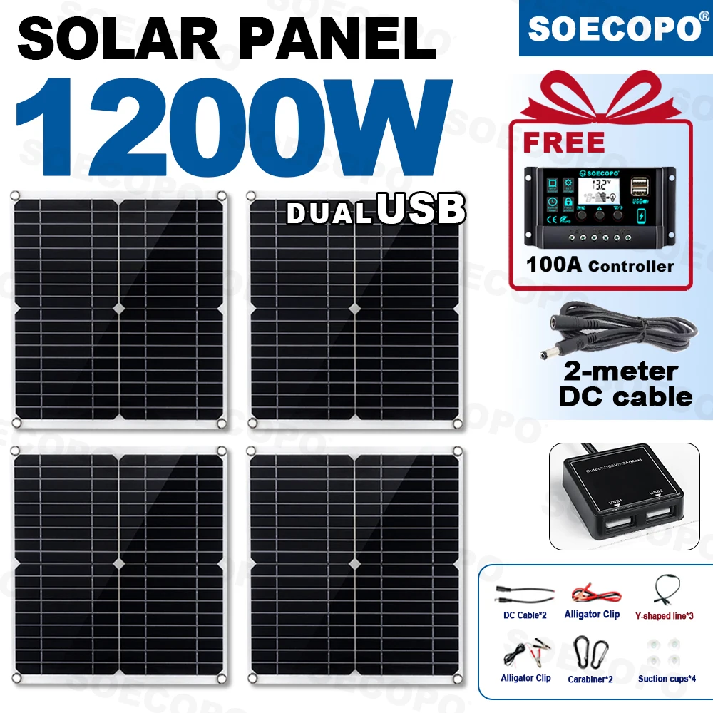 طقم لوحة شمسية محمولة SOECOPO 1200 وات مع ألواح 4*300 وات، وحدة تحكم مجانية 100 أمبير، USB مزدوج 5 فولت - مثالية للتخييم RV Charge Phone #1