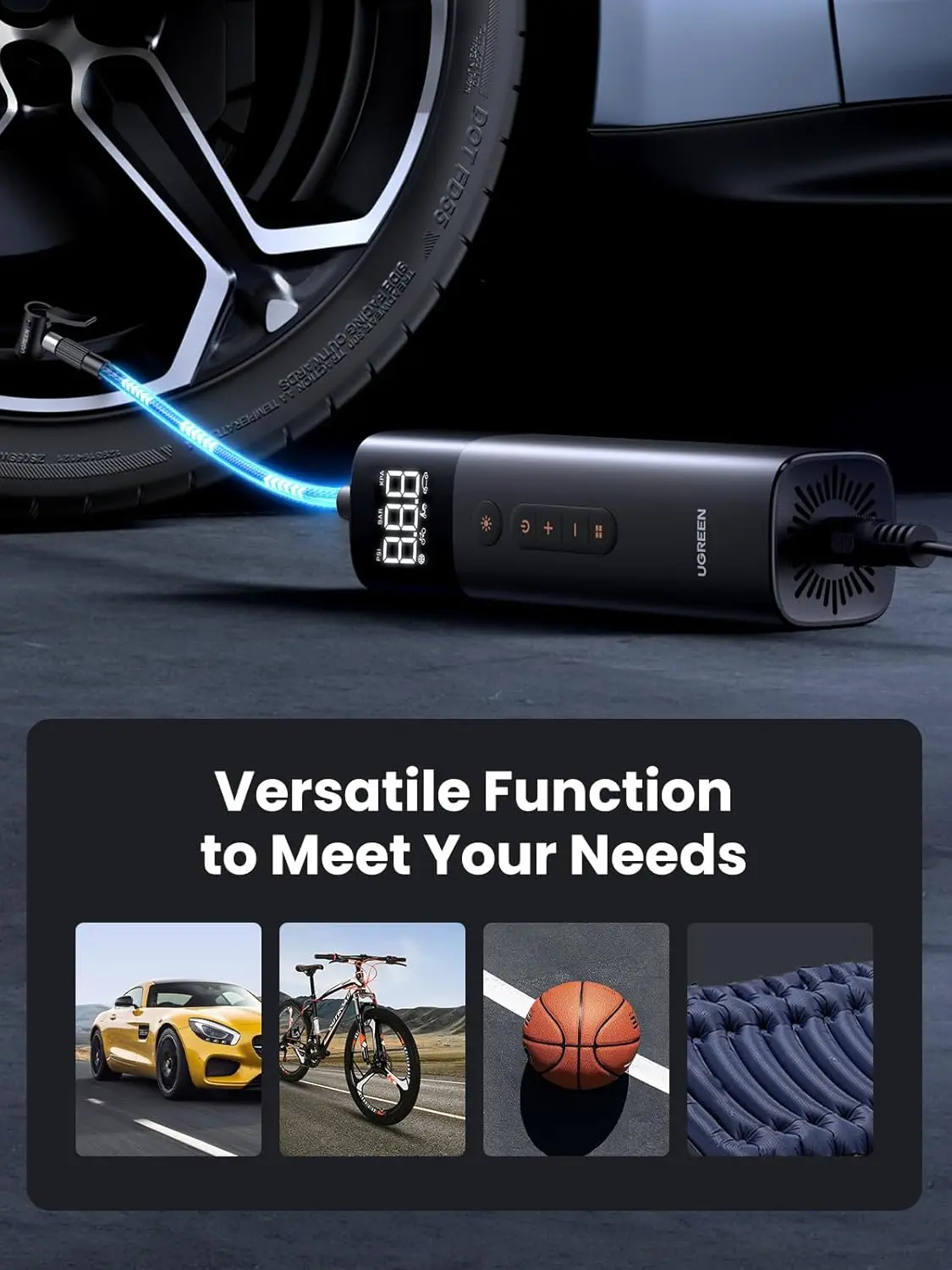 유그린 타이어 인플레이터 디지털 자동차 타이어 펌프 150 PSI 12V 타이어 인플레이터 압력 감지 LED 라이트 휴대용 에어 펌프