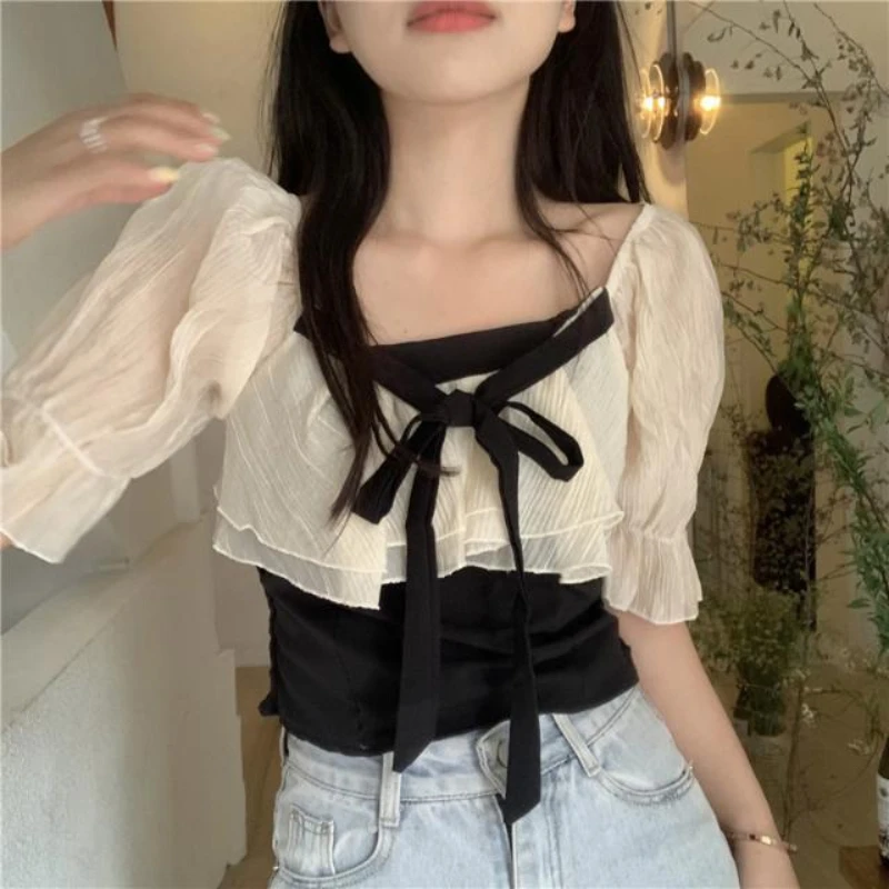 Sweet Blouses Women Patchwork Stylish Design Fake Two Pieces All-match Summer Cozy Ulzzang Cropped Puff Sleeve Colleges Leisure