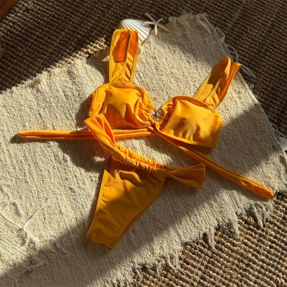 

Сексуальное бикини с широкими бретелями и открытой спиной, бандажный купальник, женский плиссированный купальник с эффектом пуш-ап, металлическая звезда, пляжная одежда для отдыха, купальный костюм