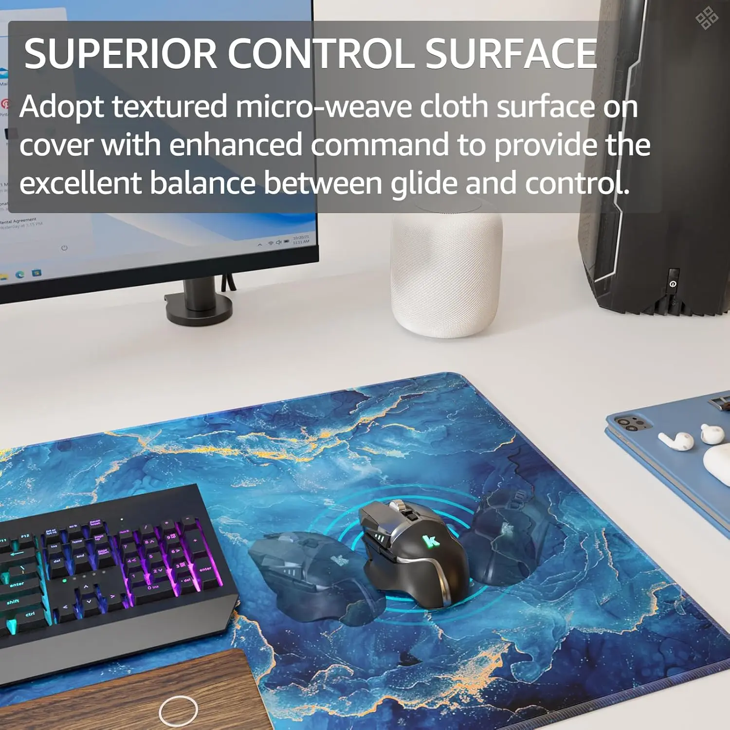 Large Blue Marble Gaming Mouse Pad – Stitched Edges, Non-Slip Base & Water-Resistant Micro-Weave Surface