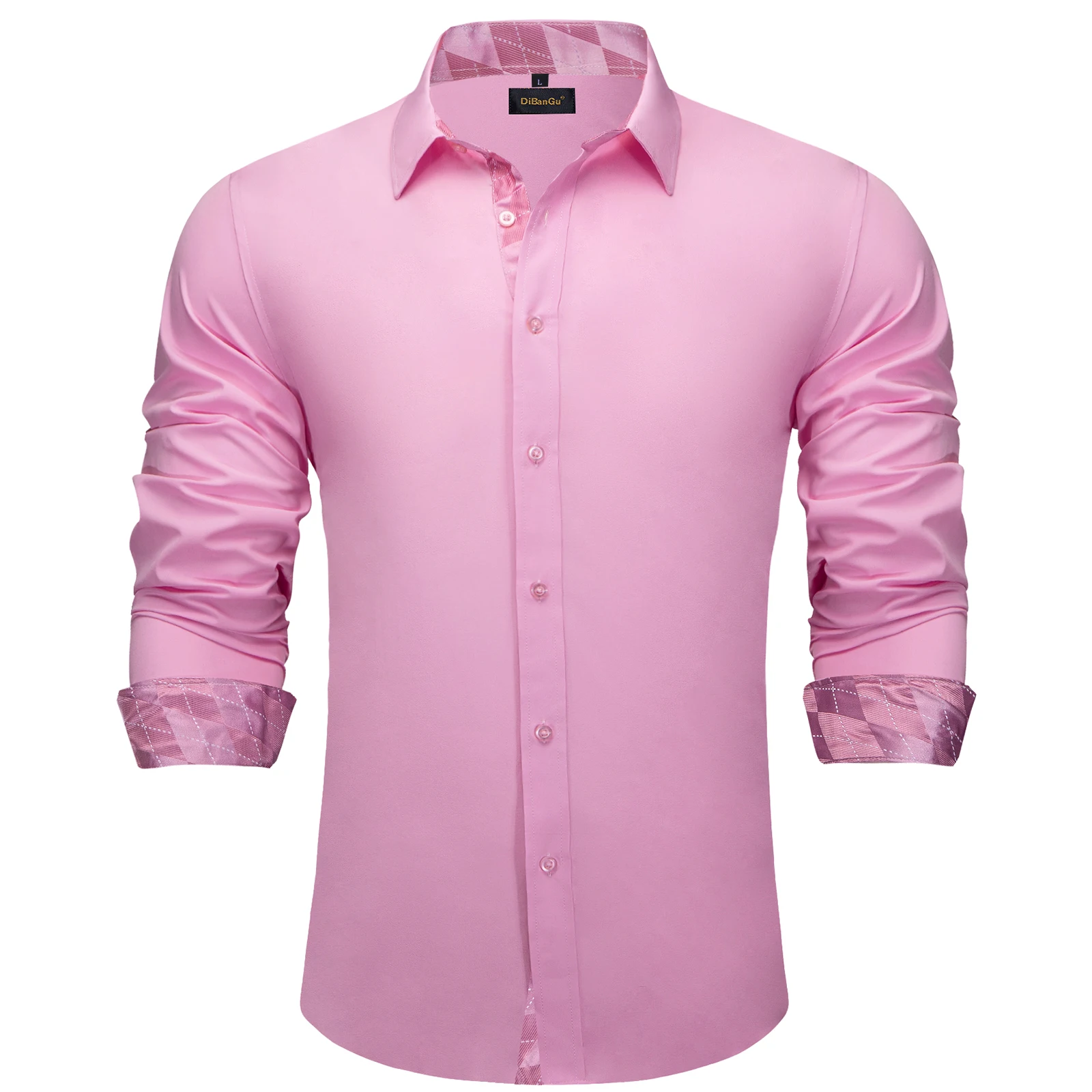 Pink Solid Men\'s Shirt Long Sleeve Turn Down Collar Designer Contrast Color Dress Shirts Fashion Brand Men Clothing Blouse