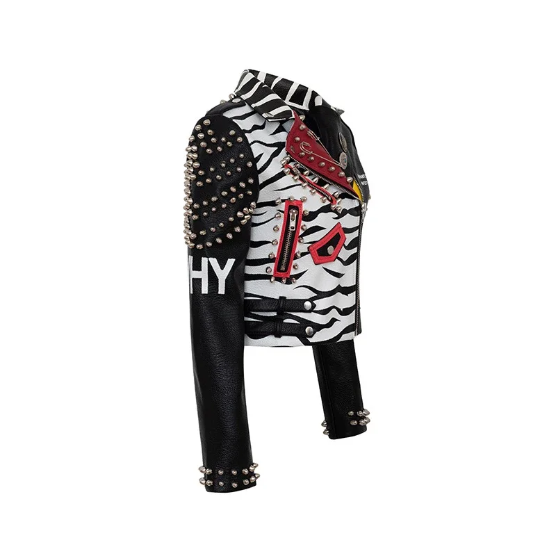 Contrast Graffiti Print Motorcycle Leather Jacket Women 2024 New Streetwear Slim-fit Zipper Cropped Punk Studded Jacket