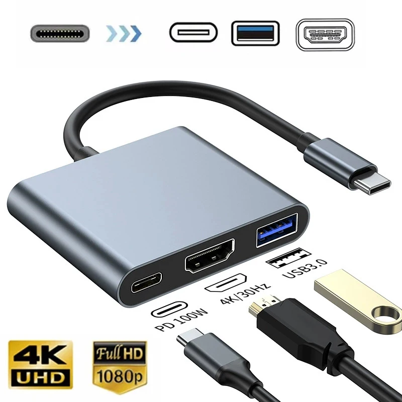TYPE-C to HDMI Hub 3-in-1 4k HDMI-Compatible Type C to Ethernet Port PD 100W Adapter for Macbook Pro USB 3.0 2.0 Hub Laptop