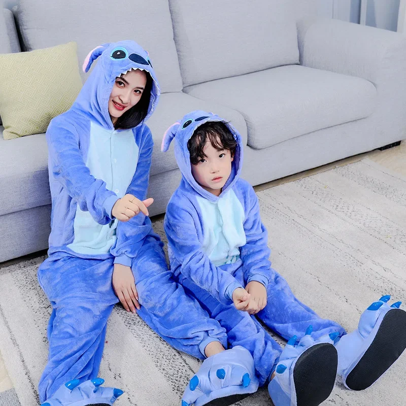 Adult Kid Stitch Anime Cosplay Costumes Women Men Cartoon Jumpsuit Flannel Hooded Pajamas Onesie for Halloween Christmas Party