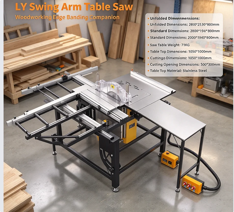 LY Swing Arm Table Saw with 4-Way Adjustable Arm Dual Blades Design for High Precision Wood Panel Cutting Operation