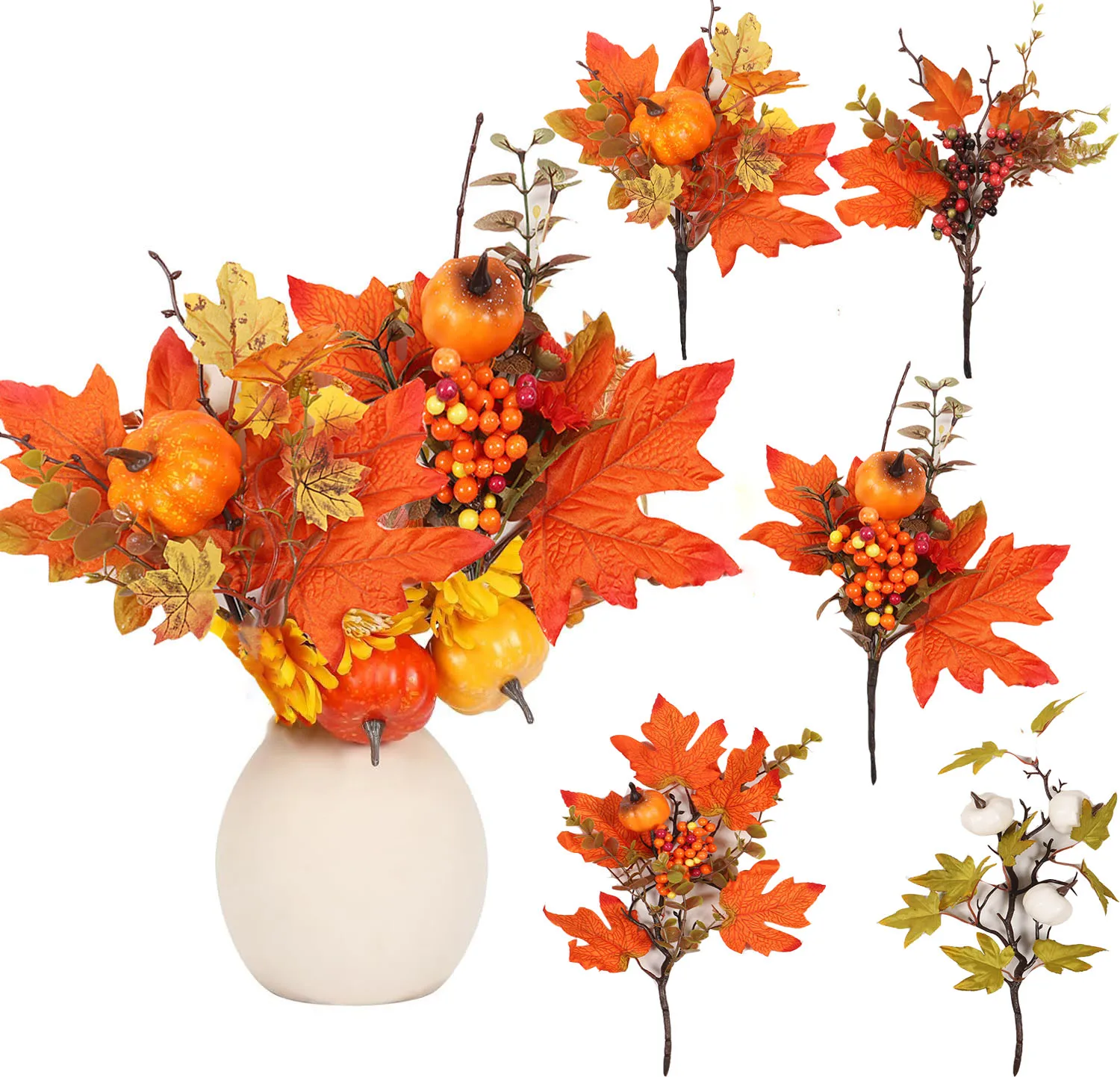 

Yannew Autumn Artificial Maple Leaf Pumpkin Plant Floral Picks Stems with Berry for Harvest Thanksgiving Halloween Indoor Decor