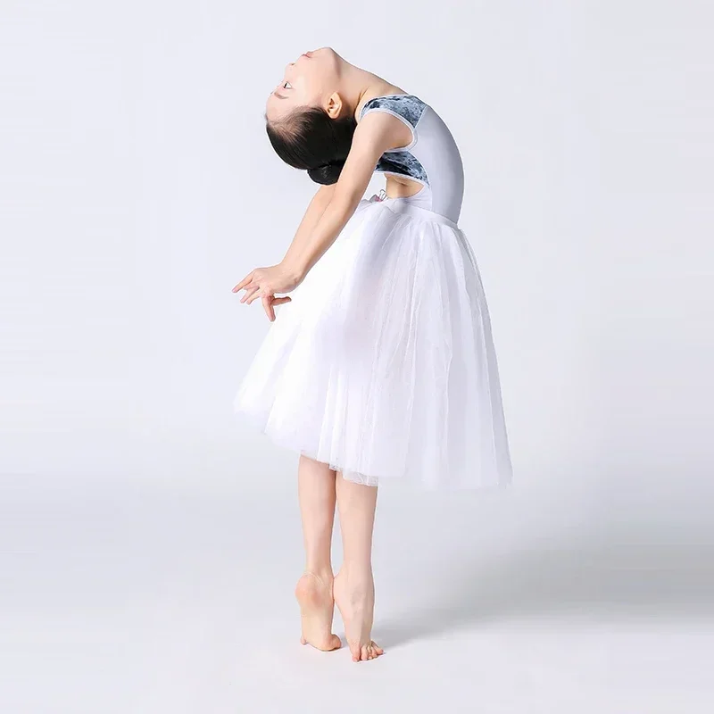 ชุดบอดี้สูทกำมะหยี่สีน้ำเงินสำหรับเด็กผู้หญิง แขนสั้น สำหรับเต้นรำยิมนาสติกลีลา ชุดนักบัลเล่ต์เด็ก ผ้าไนลอน สำหรับฝึกซ้อมและแสดง