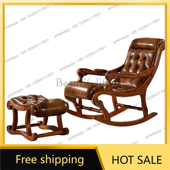 American leather rocking chair solid wood home sofa pedal European sofa nap chair