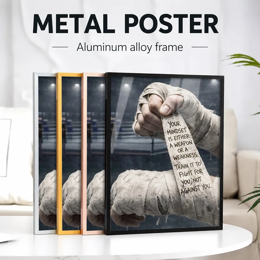 Boxing Mindset Motivational Framed Metal Poster Personalized Photo Bold Fight Style Wall Art For Gym And Office Champion Gift