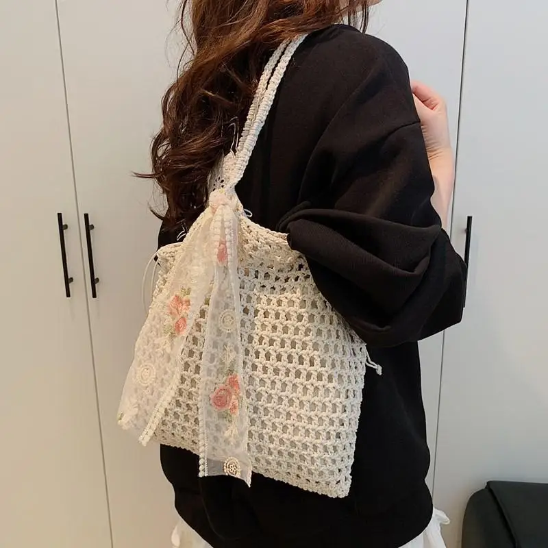 

Backpack Fashion Knitted Shoulder Bag Korean Hand Woven Summer Beach Bucket Purse Girls Pack