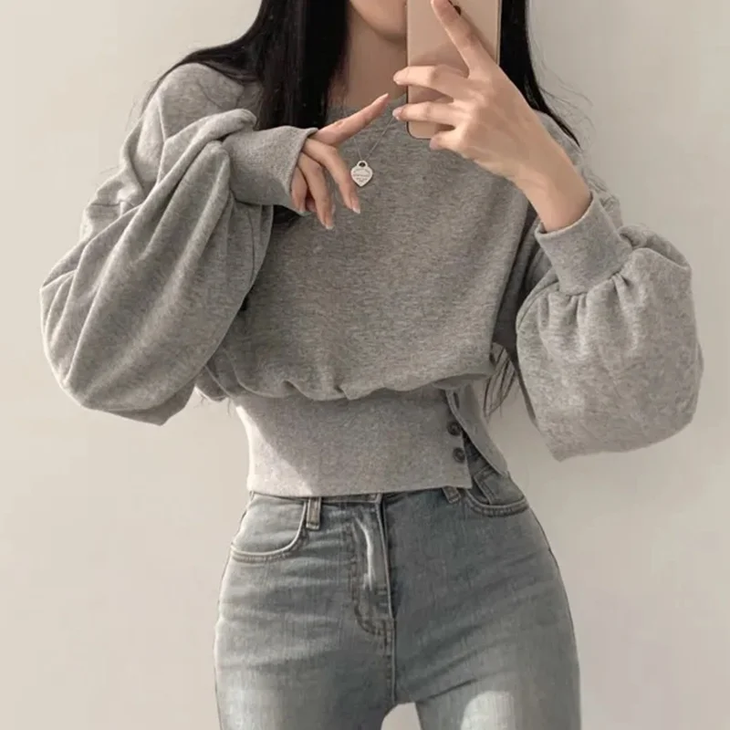 

Chic Autumnal Slim Fit Long Sve Hoodie Women's round Ne Button up Waist Cinched ort Sle Overhead Top Korean Version