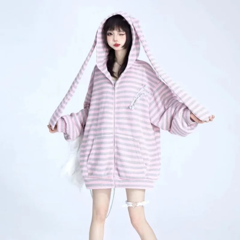 Cute Stripe Rabit Long Ear 2024 Autumn New Loose Knitted Hooded Cardigan Thin Knitwear Coat Y 2k Pink Goth Fashion Zip Up Hoodie