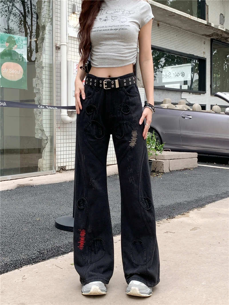 

Women's Black Gothic Casual Cargo Baggy Pants Y2K American Harajuku 90S Aesthetics Oversize Loose Wide Leg Retro Pants Clothing